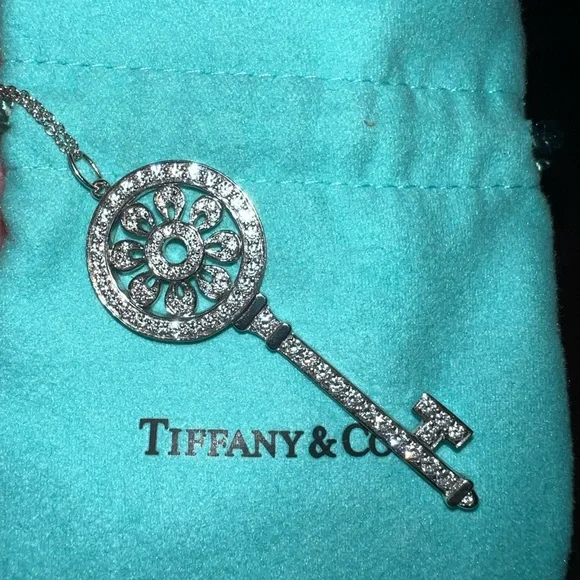 Tiffany & Co LARGE Diamond Platinum Petals Key Pendant Necklace EUC - Picture 6 of 16